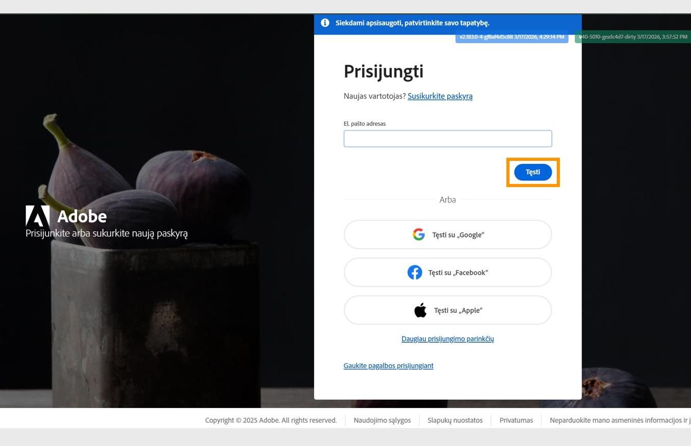 „Adobe“ prisijungimo puslapis su lauku, skirtu įvesti el. pašto adresą, ir paryškintu mygtuku „Tęsti“.