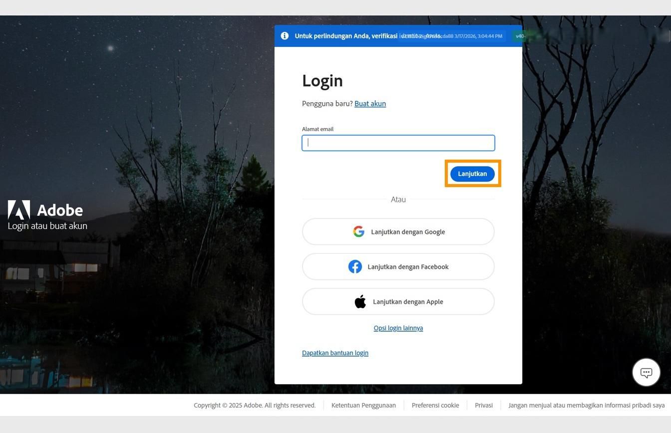 Halaman login Adobe yang menampilkan kolom untuk memasukkan alamat email dan tombol Lanjutkan yang disorot.