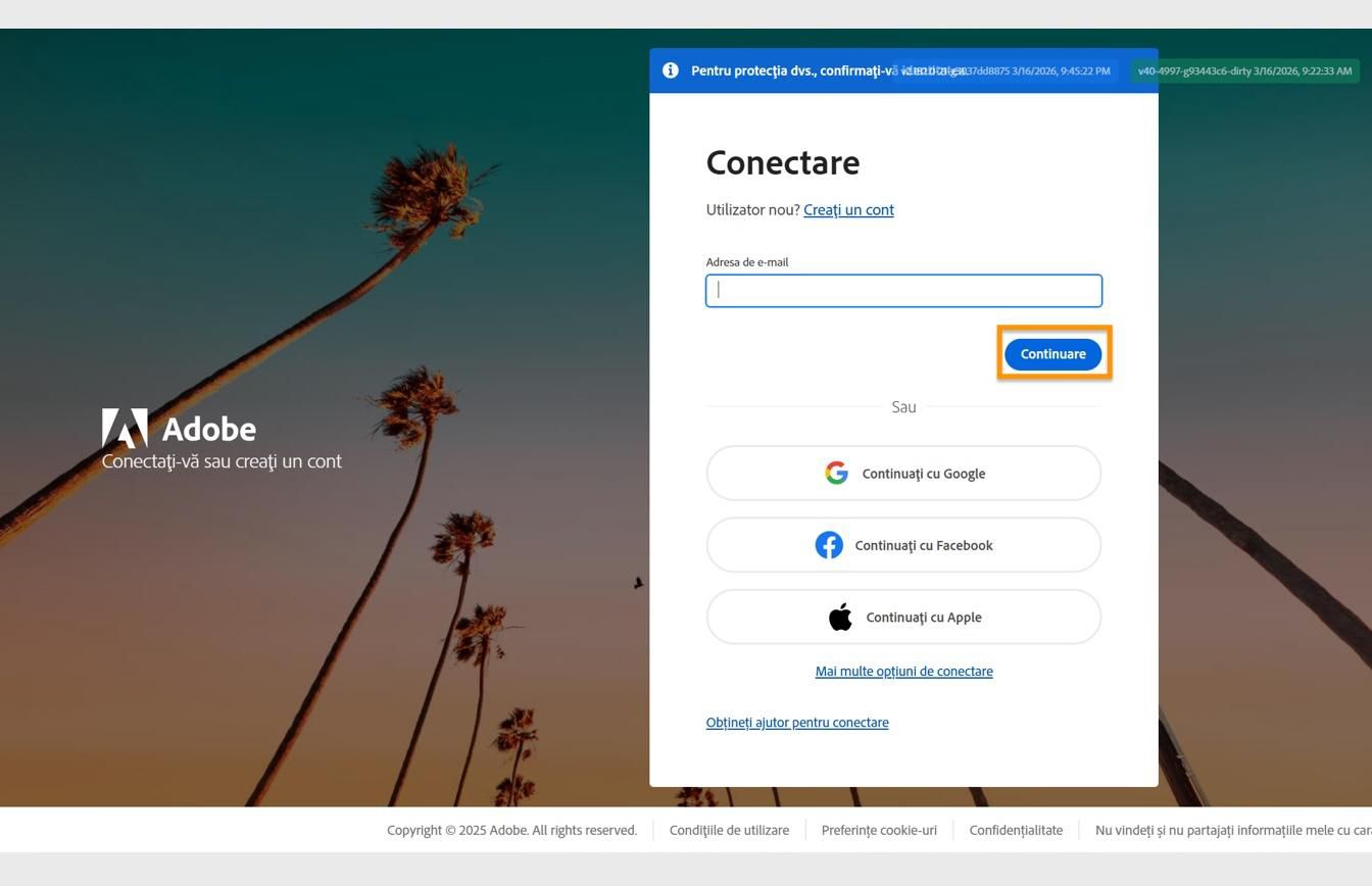 Pagina de Conectare Adobe care afișează câmpul pentru introducerea adresei de e-mail și butonul Continuare evidențiat.
