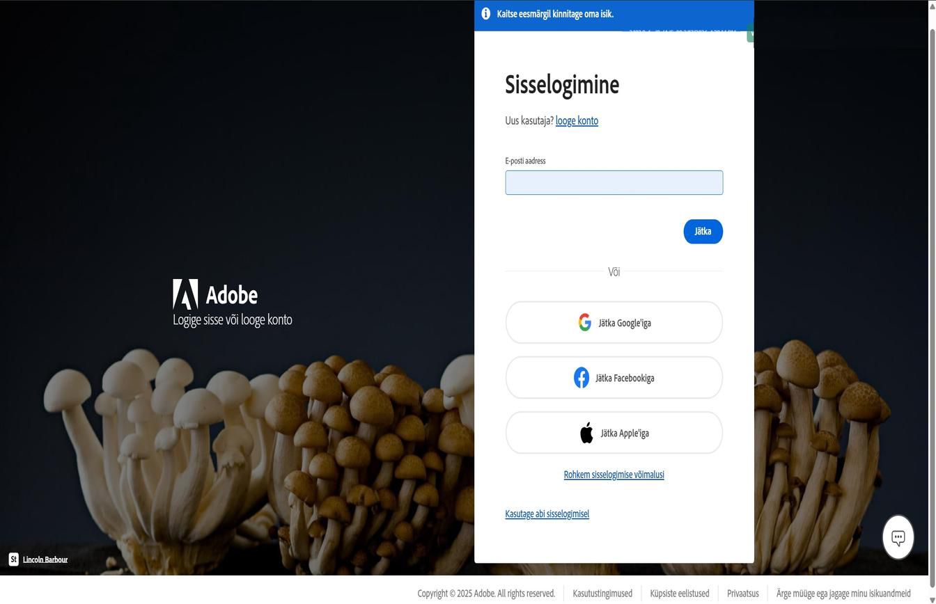 Adobe sisselogimisleht, kus kuvatakse väli e-posti aadressi sisestamiseks ja esiletõstetud nupp Jätka.