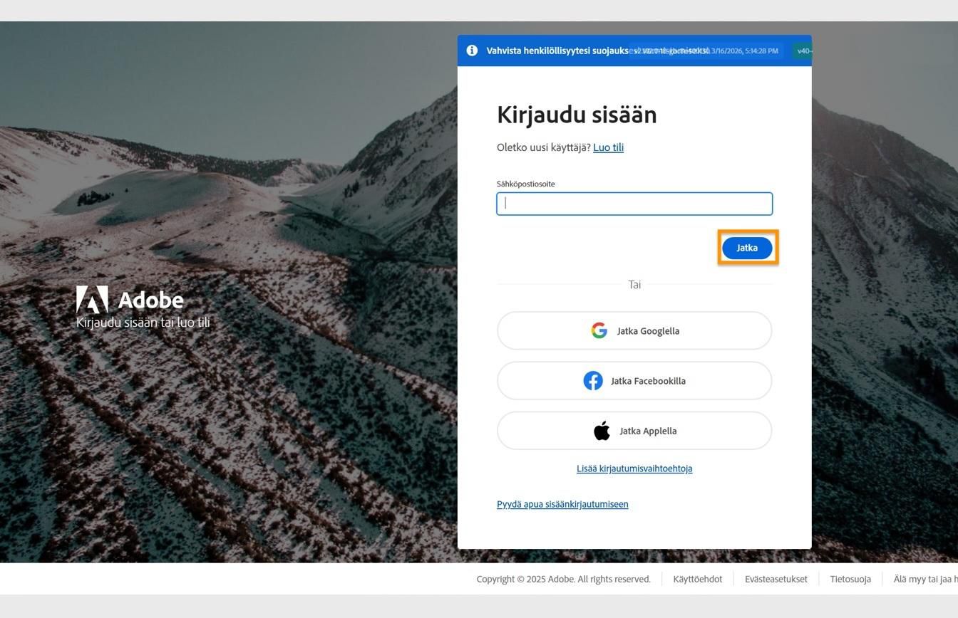 Adoben kirjautumissivu, jossa näkyy sähköpostiosoitteen syöttökenttä ja korostettu Jatka-painike. 