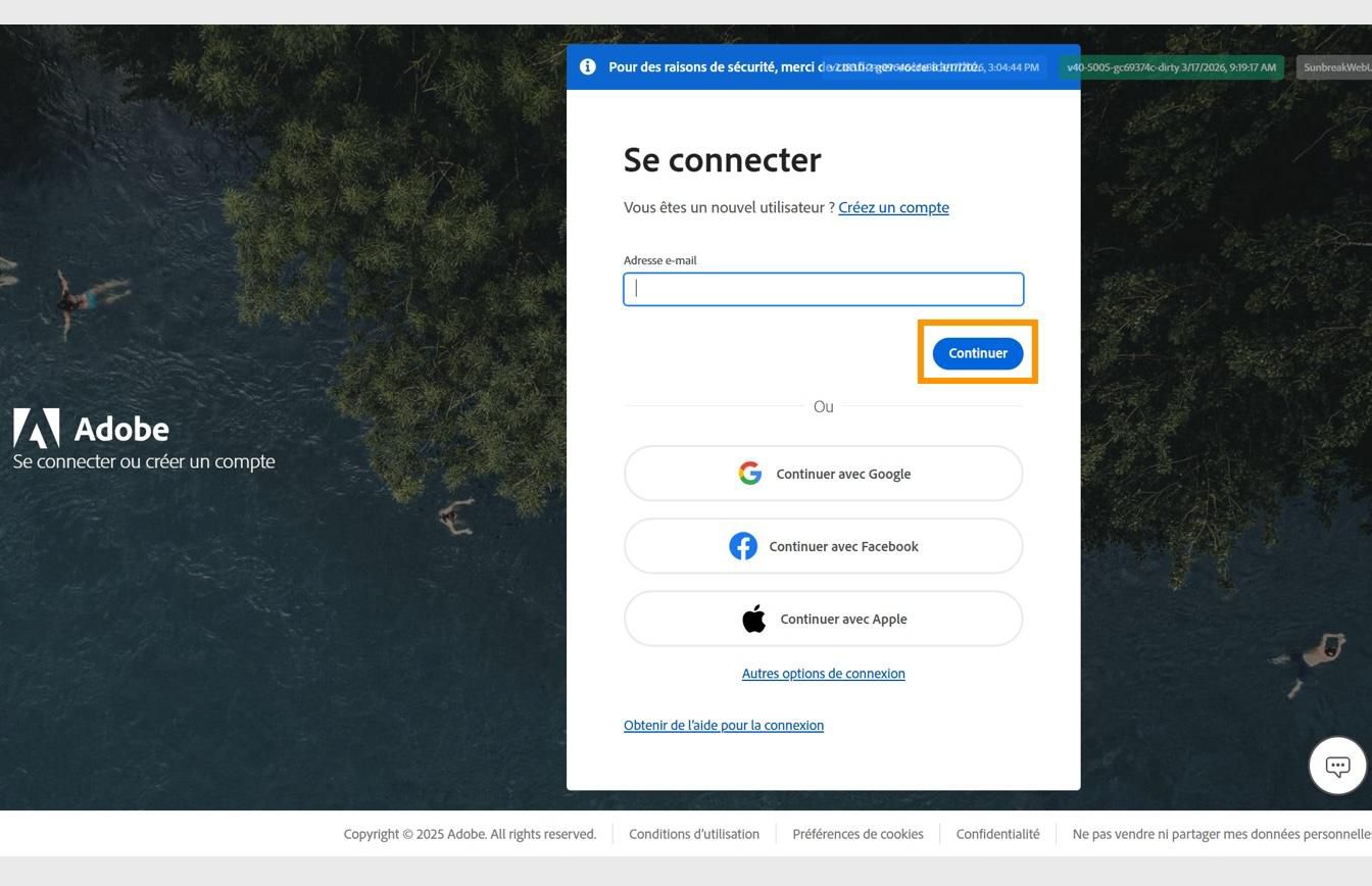 La page de connexion Adobe affichant le champ pour saisir votre adresse e-mail et le bouton Continuer mis en surbrillance. 