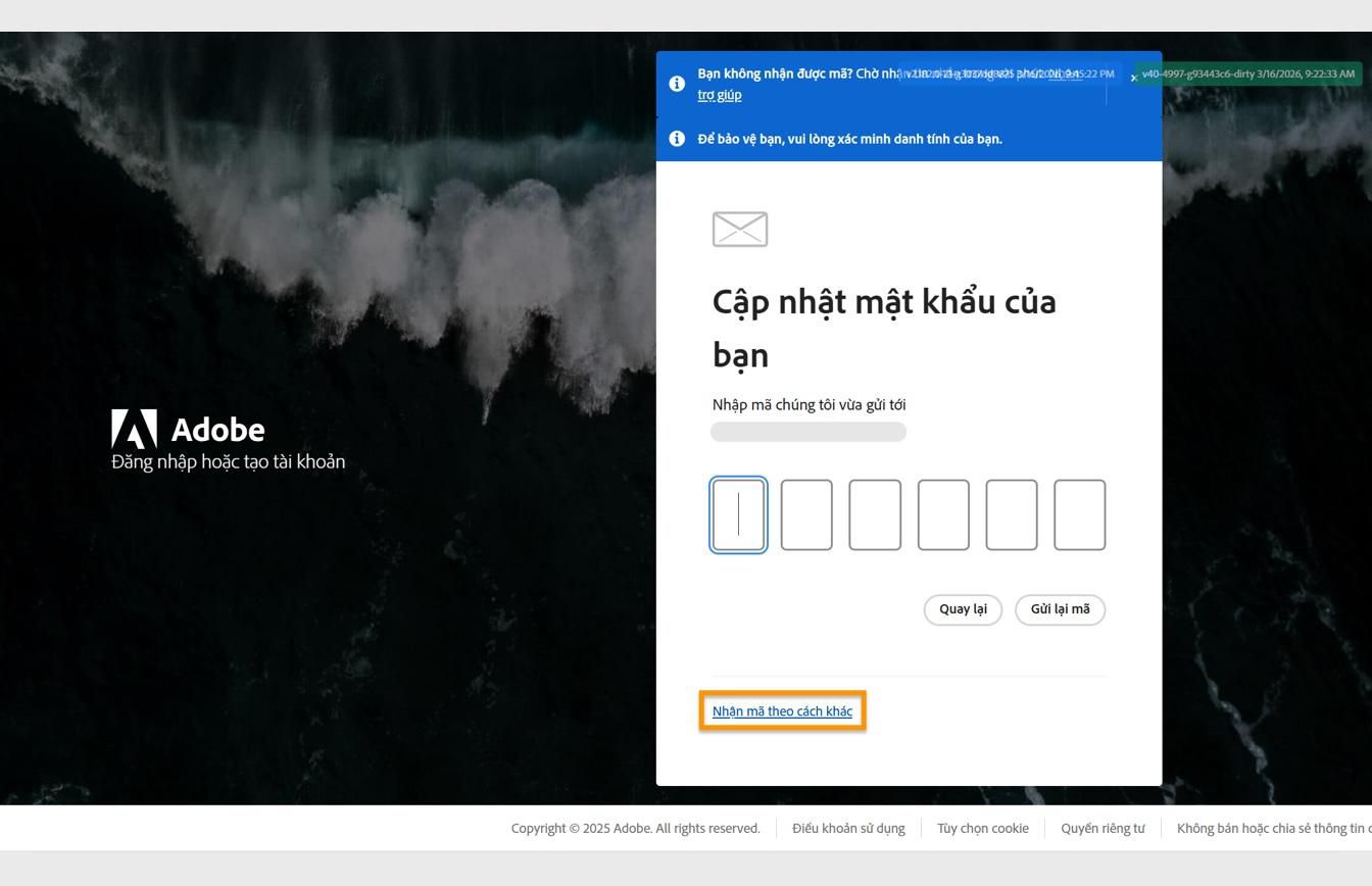Trang đăng nhập Adobe với hộp thoại Cập nhật mật khẩu của bạn, chứa nút Nhận mã theo cách khác được làm nổi bật