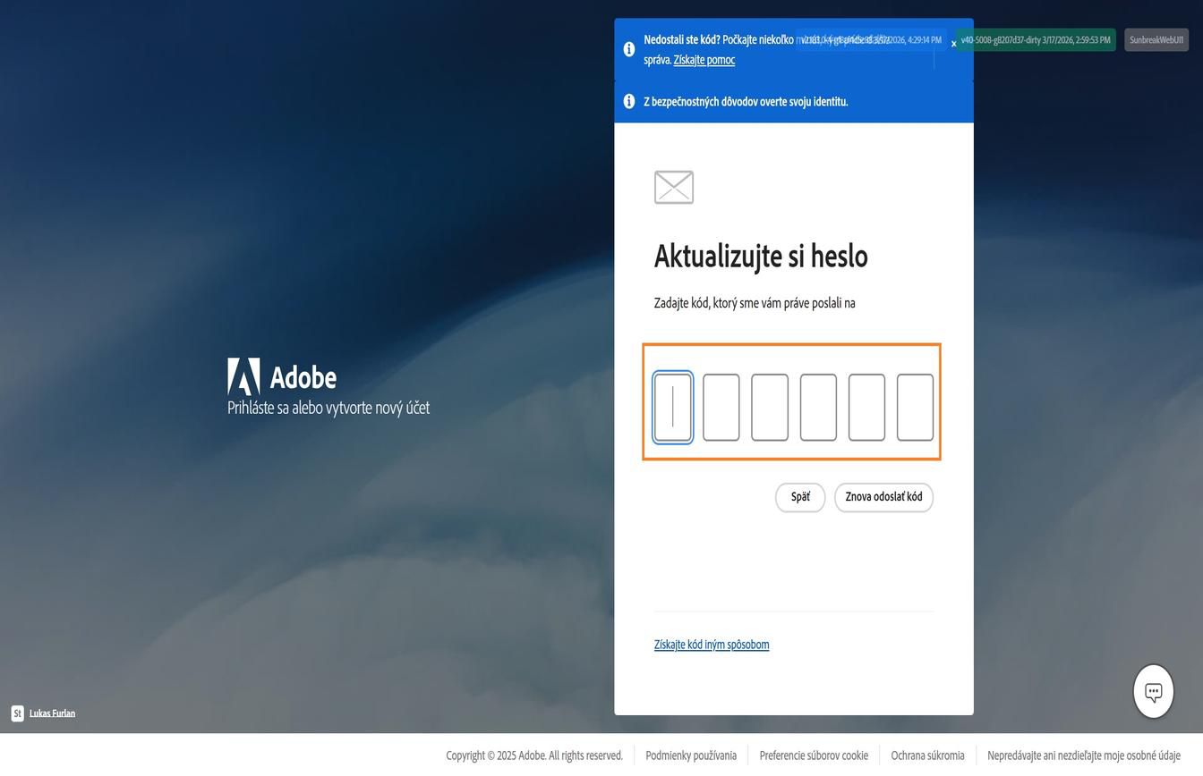 Prihlasovacia stránka Adobe s dialógovým oknom Aktualizovať heslo a zvýrazneným tlačidlom Získať kód iným spôsobom