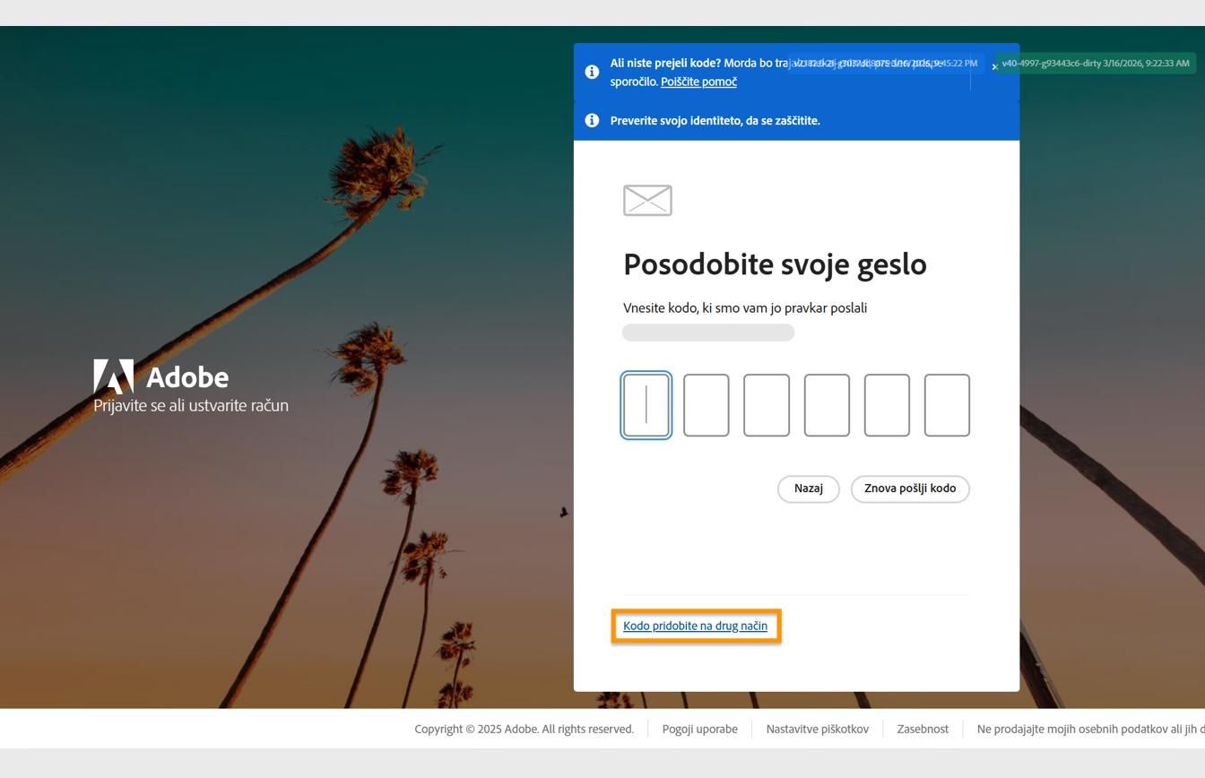 Stran za prijavo v Adobe s pogovornim oknom Posodobitev gesla, ki vsebuje označen gumb Kodo pridobite na drug način