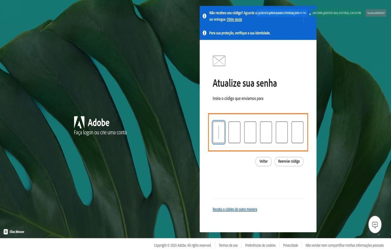 A página de fazer logon da Adobe com a caixa de diálogo Atualizar sua senha, contendo o botão Obter seu código de outra forma destacado
