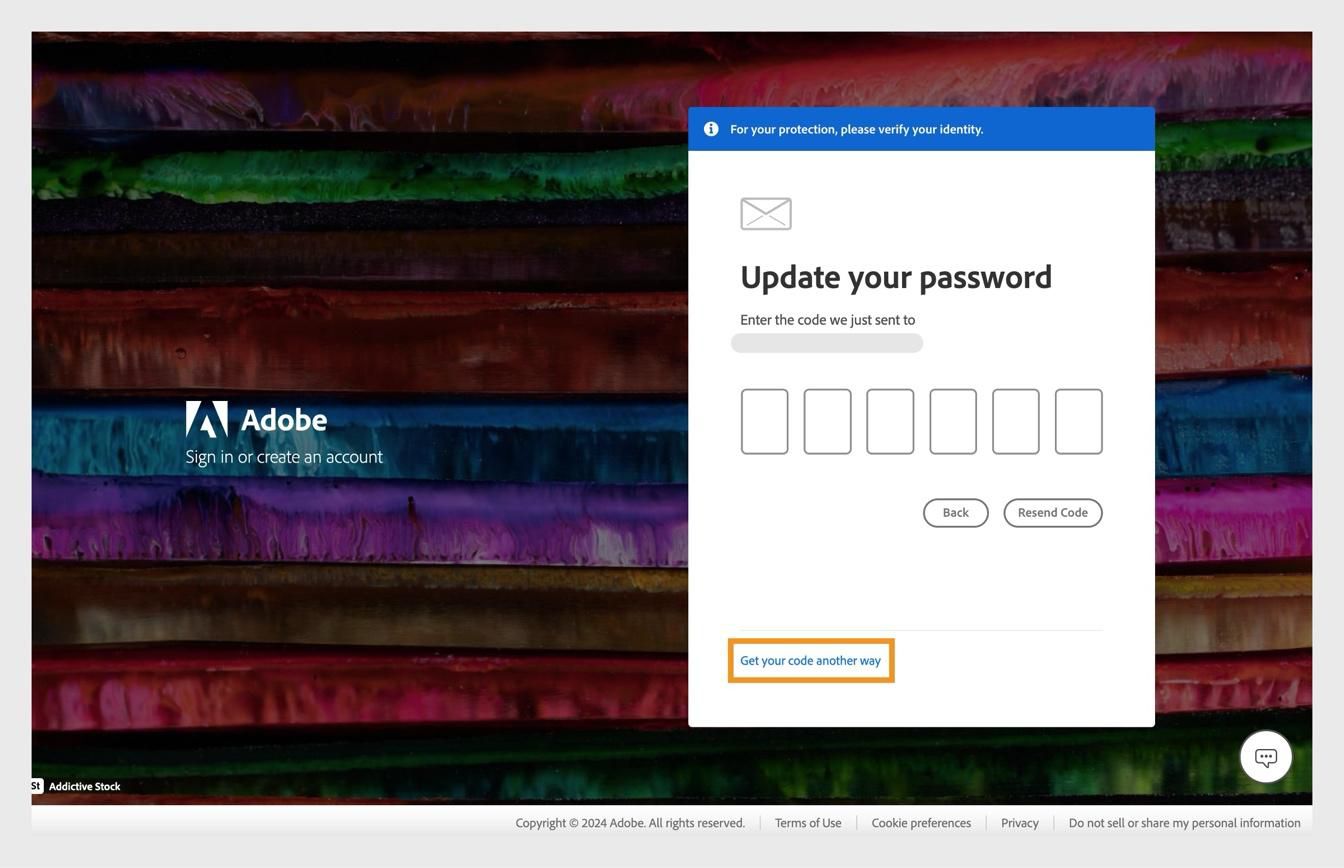 Halaman daftar masuk Adobe dengan kotak dialog Kemas kini kata laluan anda, yang mengandungi butang Dapatkan kod anda dengan cara lain yang diserlahkan