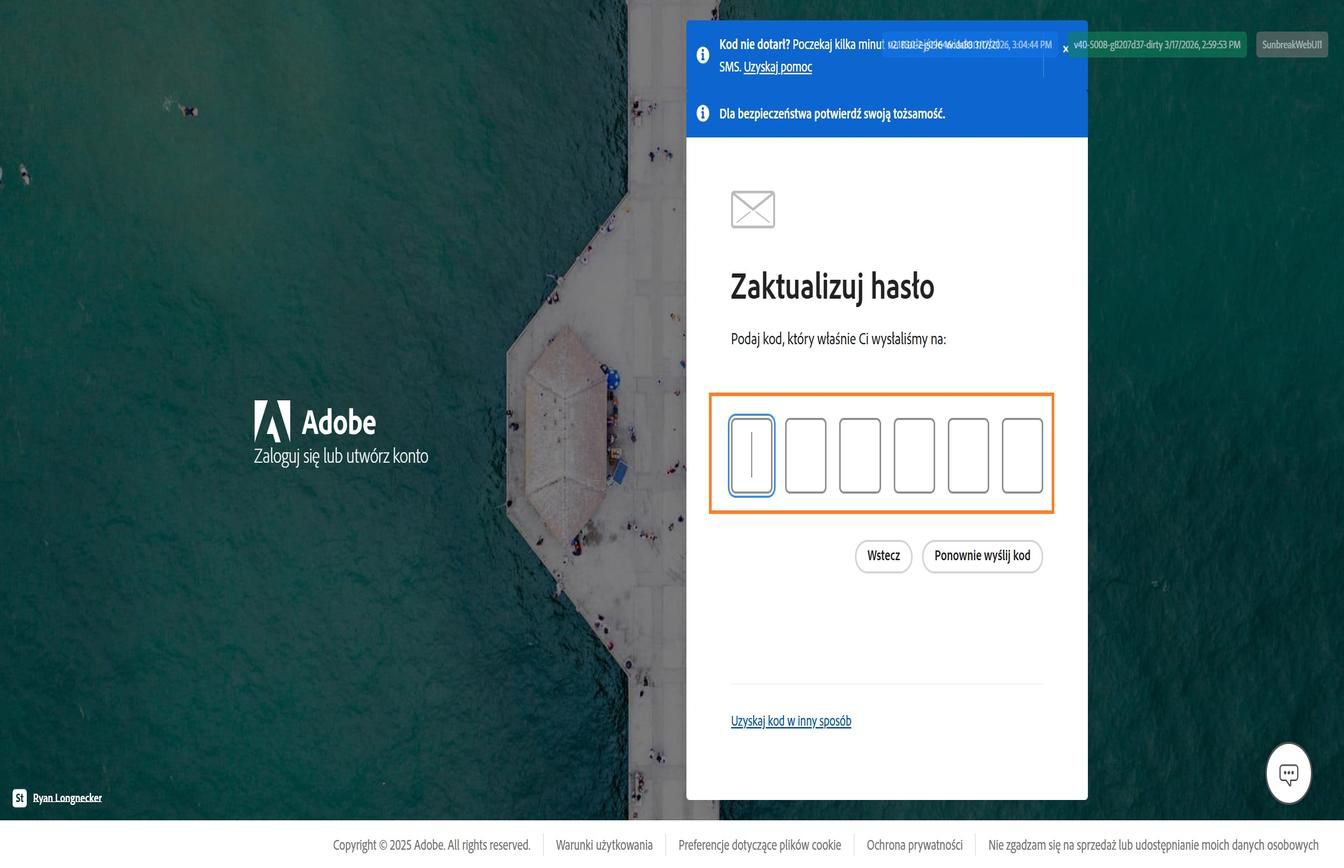 Strona logowania Adobe z oknem dialogowym Aktualizuj hasło zawierającym wyróżniony przycisk Uzyskaj kod w inny sposób
