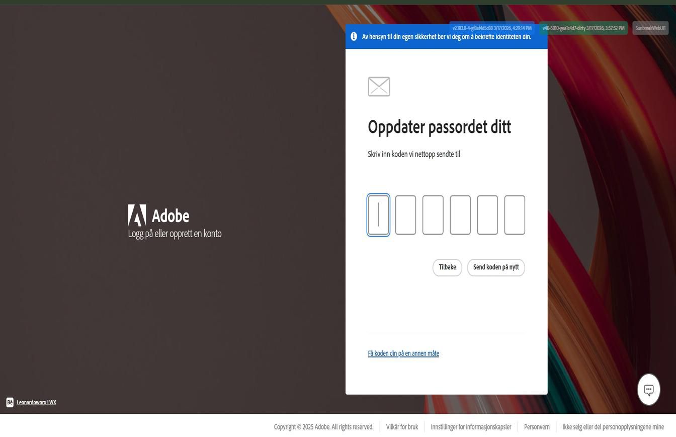 Adobe-påloggingssiden med dialogboksen Oppdater passordet ditt, som inneholder den uthevede knappen Få koden din på en annen måte