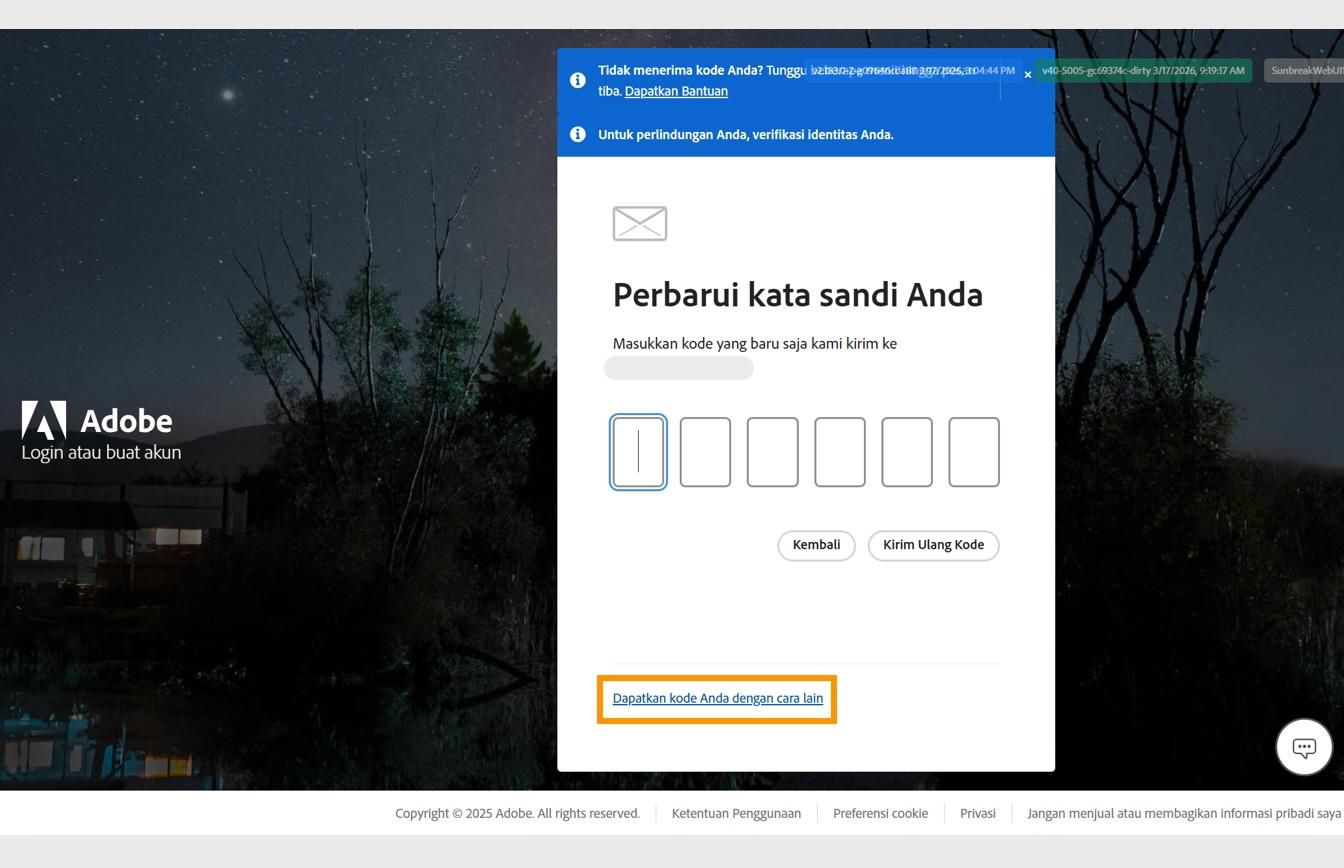 Halaman Login Adobe dengan kotak dialog Perbarui kata sandi Anda, yang berisi tombol Dapatkan kode dengan cara lain yang disorot