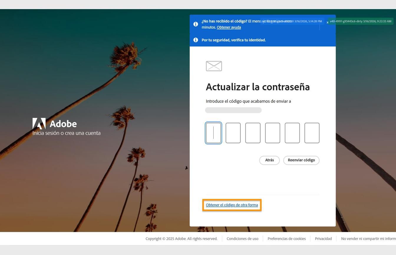 La página de inicio de sesión de Adobe con el cuadro de diálogo Actualizar contraseña, que contiene el botón resaltado Obtener el código de otra manera