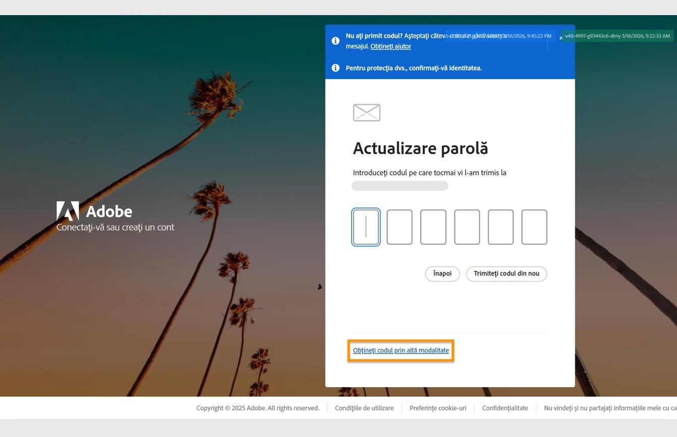 Pagina de Conectare Adobe cu caseta de dialog Actualizați-vă parola, care conține butonul evidențiat Obțineți codul în alt mod