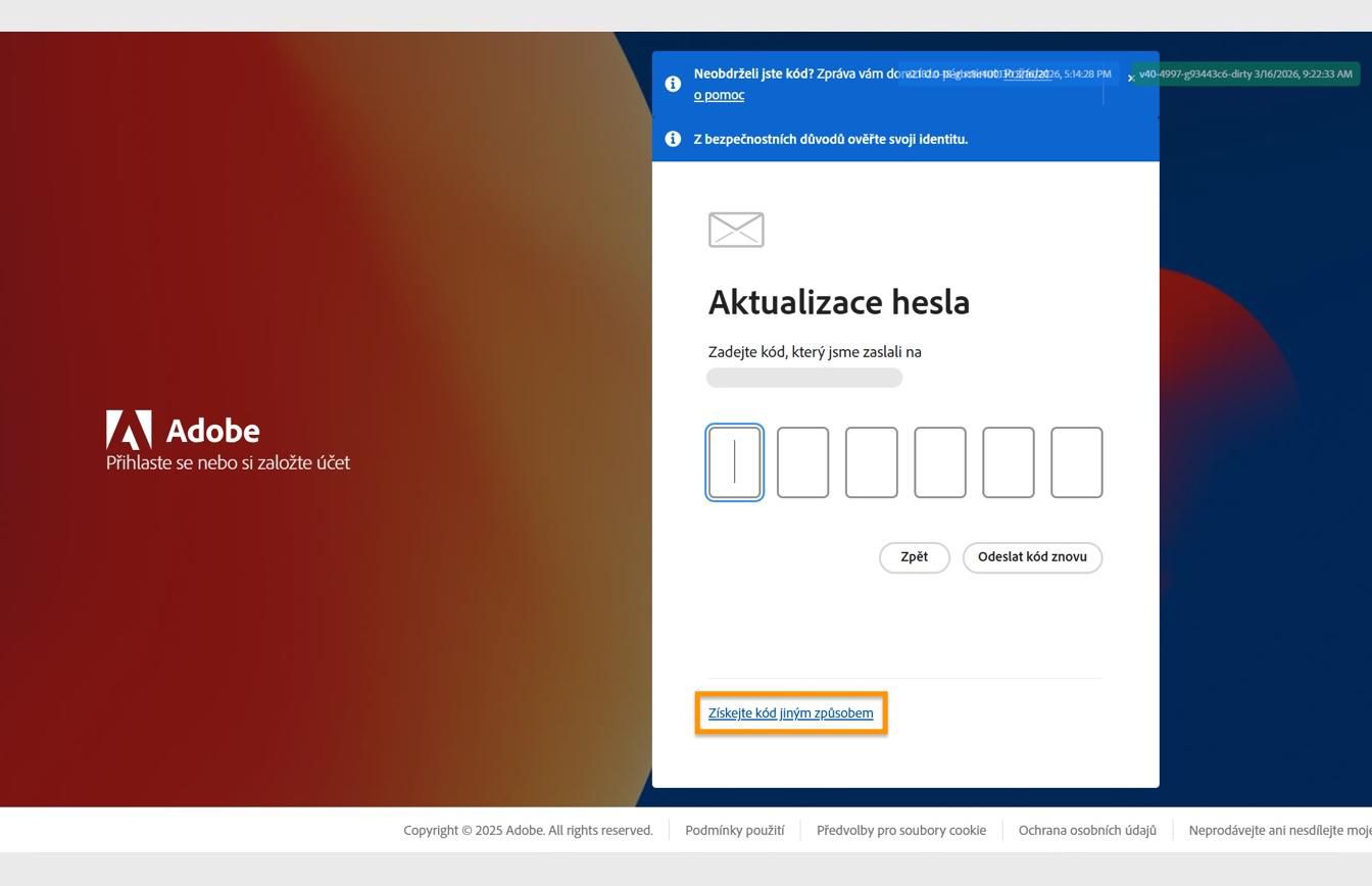 Přihlašovací stránka Adobe s dialogovým oknem Aktualizovat heslo obsahujícím zvýrazněné tlačítko Získat kód jiným způsobem
