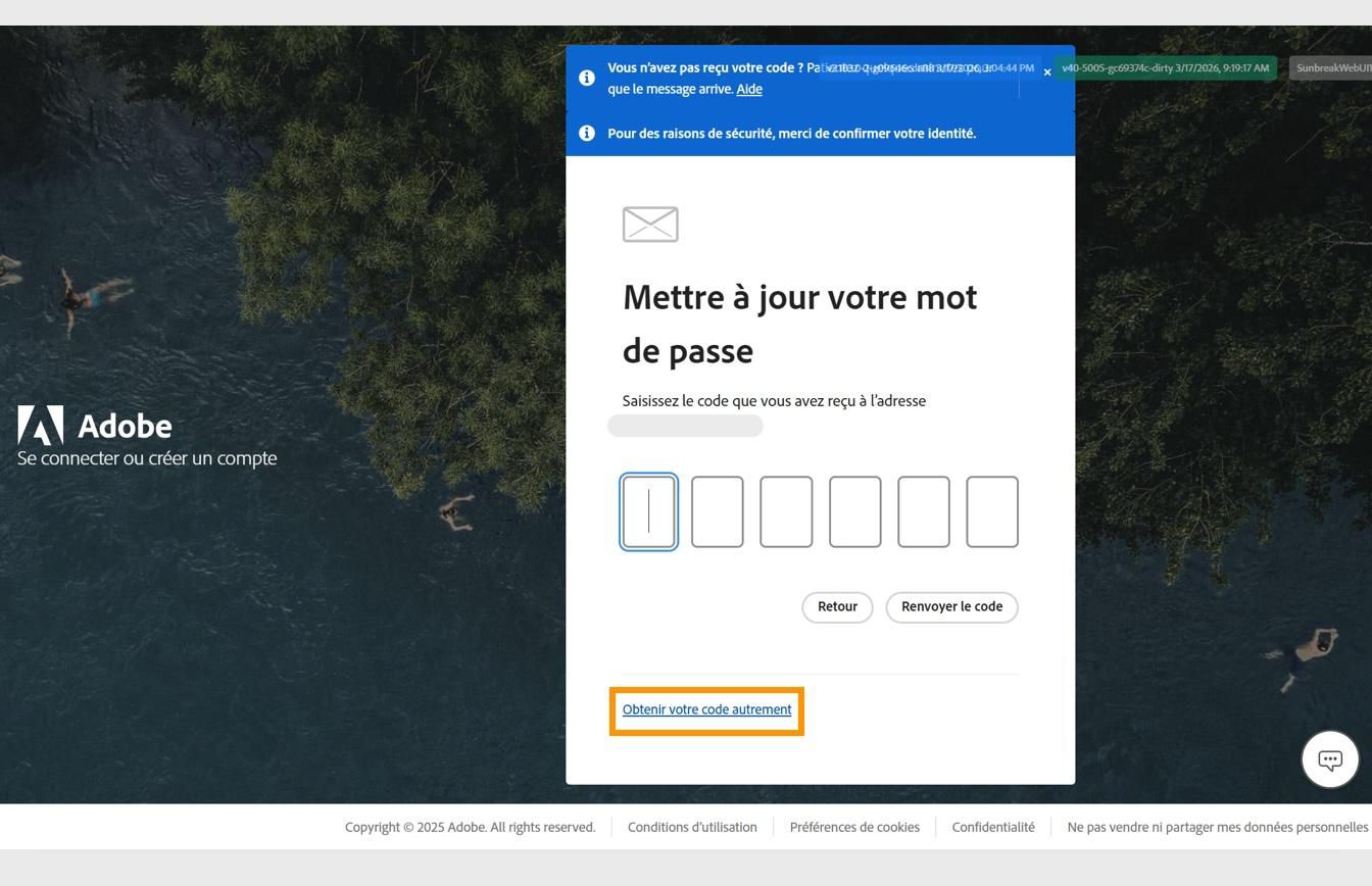La page de connexion Adobe avec la boîte de dialogue Mettre à jour le mot de passe, contenant le bouton Obtenir le code d’une autre manière mis en surbrillance
