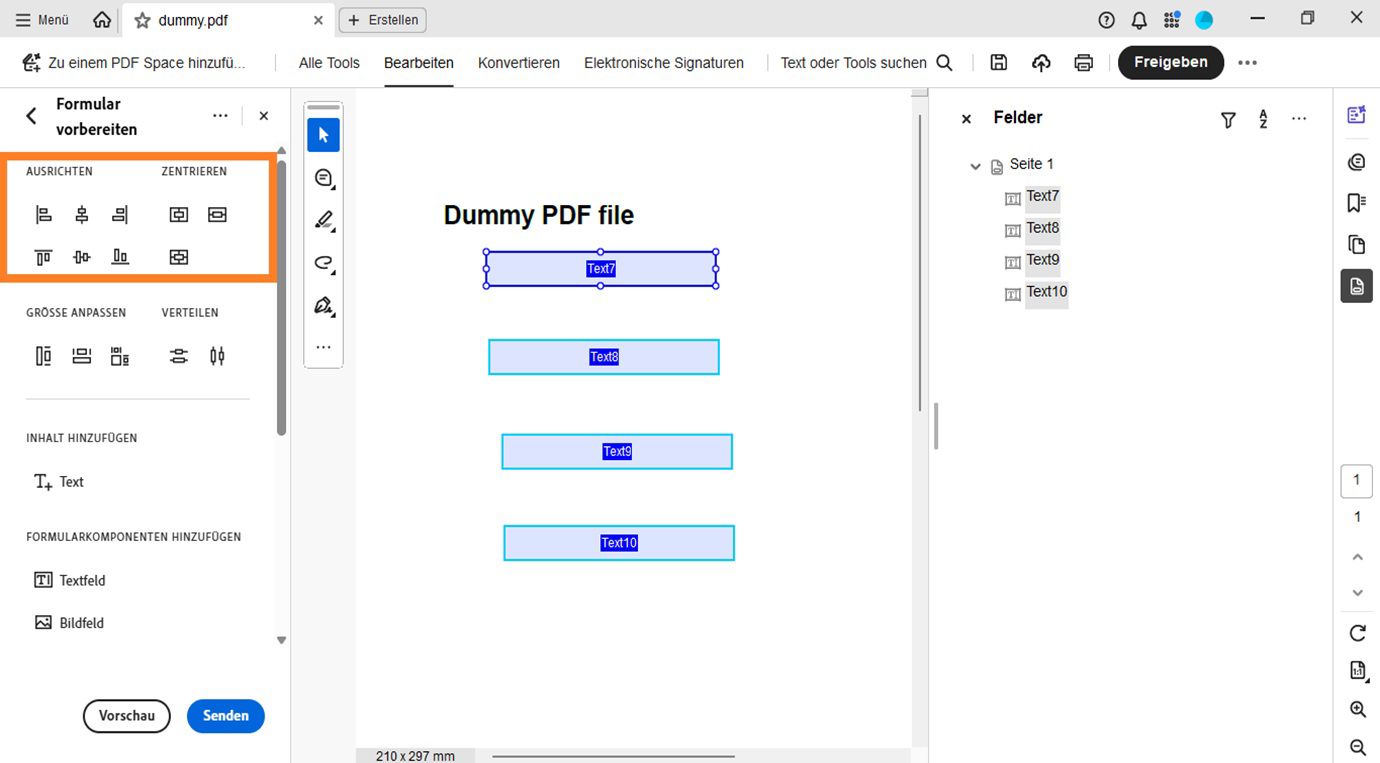 Der Abschnitt „Ausrichten und Zentrieren&quot; unter dem Bereich „Formular vorbereiten&quot; zeigt verschiedene Ausrichtungsoptionen an, wie Links ausrichten, Rechts ausrichten, Oben ausrichten und Unten ausrichten.