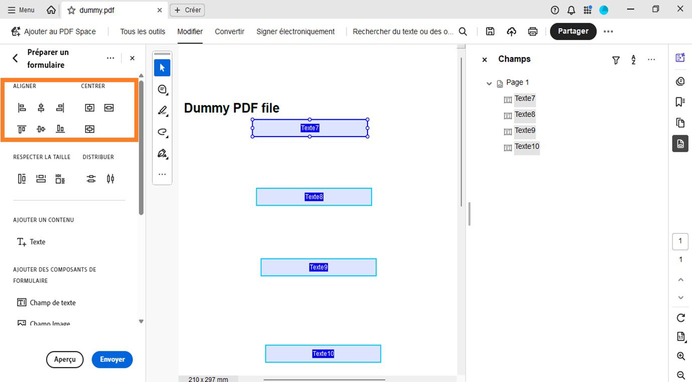 Les sections Aligner et Centrer sous le panneau Préparer un formulaire présentent diverses options d’alignement, notamment Aligner à gauche, Aligner à droite, Aligner en haut et Aligner en bas.