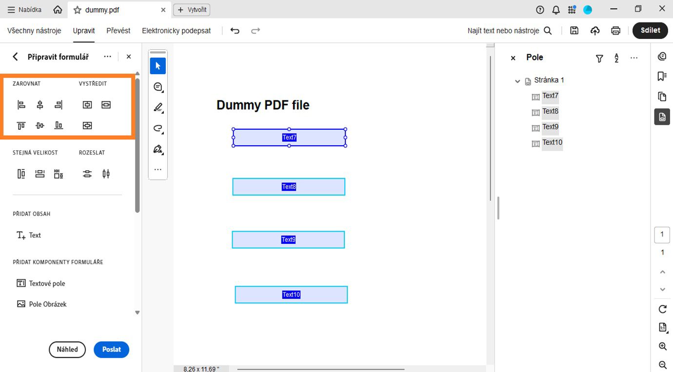 Sekce Zarovnat a Vystředit v panelu Připravit formulář zobrazuje různé možnosti zarovnání, jako je Zarovnat vlevo, Zarovnat vpravo, Zarovnat nahoru a Zarovnat dolů.