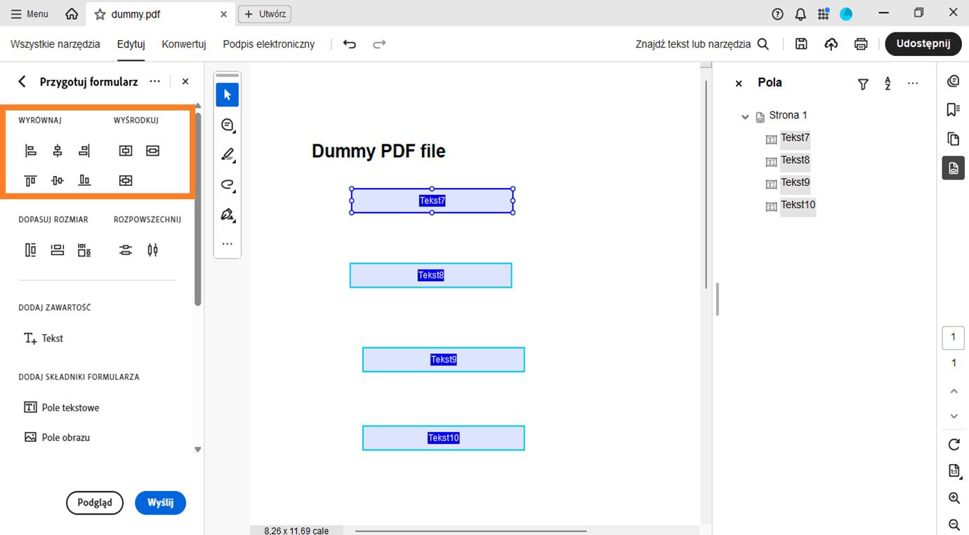 Sekcje Wyrównaj i Wyśrodkuj w panelu Przygotuj formularz wyświetla różne opcje wyrównywania, takie jak Wyrównaj do lewej, Wyrównaj do prawej, Wyrównaj do góry i Wyrównaj do dołu.