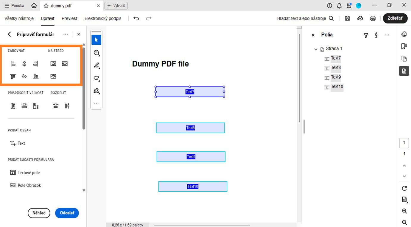 Časť Zarovnať a Vycentrovať v table Pripraviť formulár zobrazuje rôzne možnosti zarovnania, ako napríklad Zarovnať doľava, Zarovnať doprava, Zarovnať nahor a Zarovnať nadol.