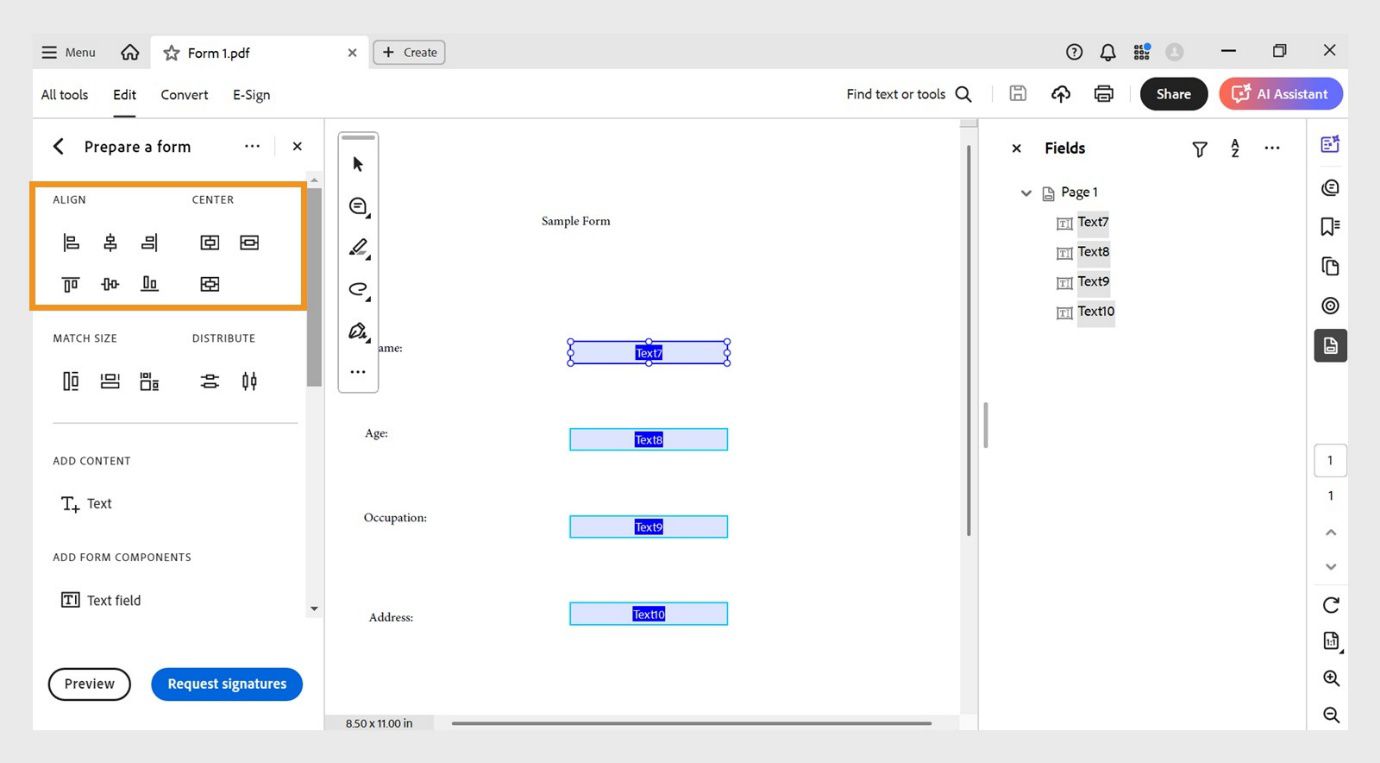 Ang seksyong Align at Center sa ilalim ng Prepare a form pane ay nagpapakita ng iba't ibang opsyon sa pag-align, tulad ng Left align, Right align, Top align, at Bottom align.