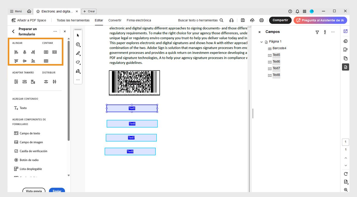 La sección Alinear y Centrar bajo el panel Preparar un formulario muestra varias opciones de alineación, como Alinear a la izquierda, Alinear a la derecha, Alinear arriba y Alinear abajo.