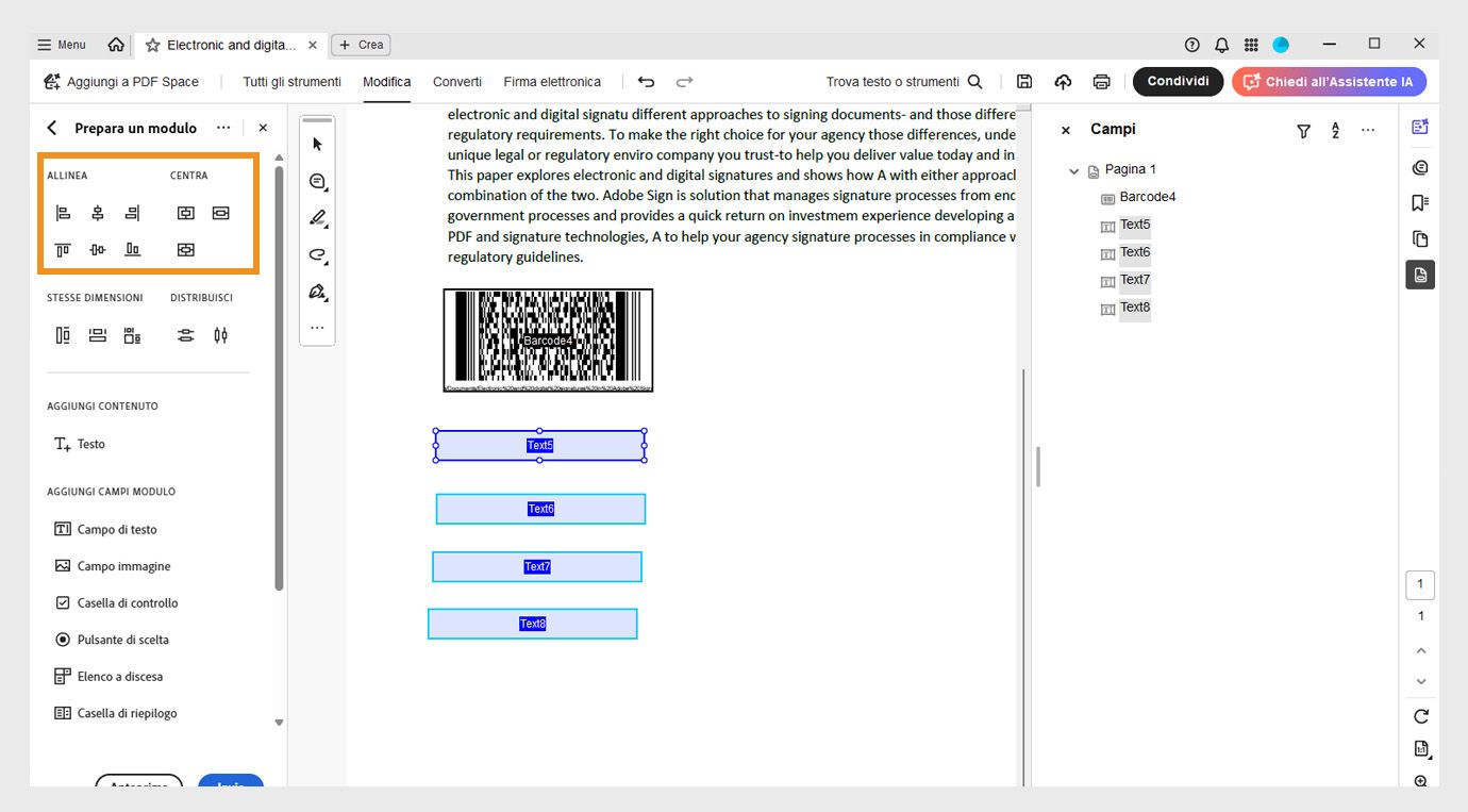 La sezione Allinea e Centra sotto il riquadro Prepara un modulo mostra varie opzioni di allineamento, come Allinea a sinistra, Allinea a destra, Allinea in alto e Allinea in basso.