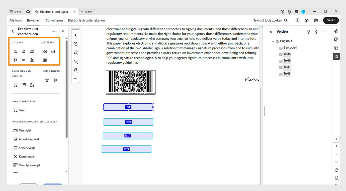 In het gedeelte Uitlijnen en centreren onder het deelvenster Formulier voorbereiden worden verschillende uitlijningsopties weergegeven, zoals Links uitlijnen, Rechts uitlijnen, Boven uitlijnen en Onder uitlijnen.