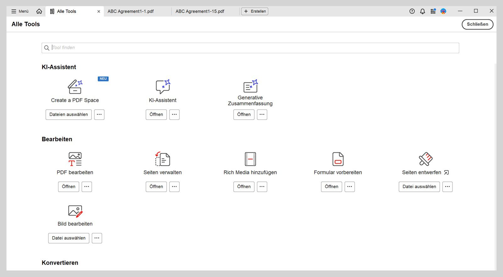 Die Ansicht „Alle Werkzeuge&quot; hat zwei Abschnitte: „KI-Assistent“ und „Bearbeiten“. Der Abschnitt „KI-Assistent“ enthält die Werkzeuge „KI-Assistent“ und „Generative Zusammenfassung“.Der Abschnitt „Bearbeiten“ zeigt die Werkzeuge „PDF bearbeiten“, „Seiten organisieren“, „Rich Media hinzufügen“ und „Formular vorbereiten“.