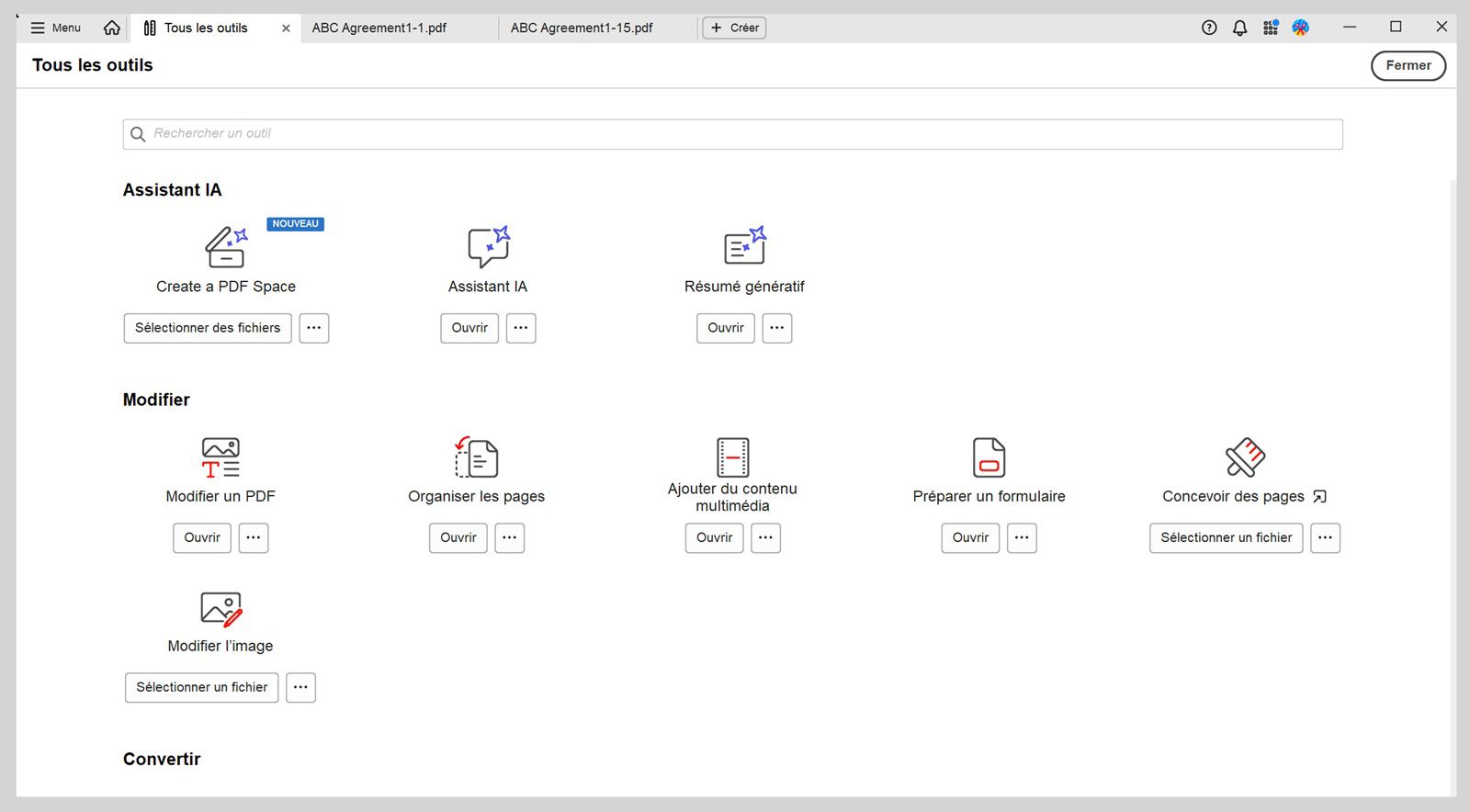 La vue Tous les outils comporte deux sections : Assistant IA et Modifier.La section Assistant IA comprend les outils Assistant IA et Résumé génératif.La section Modifier affiche les outils Modifier un PDF, Organiser les pages, Ajouter des médias riches et Préparer un formulaire.