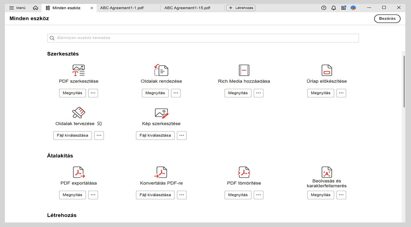 Az Összes eszköz nézetnek két része van: MI asszisztens és Szerkesztés.Az MI asszisztens rész tartalmazza az MI asszisztens és a Generatív összefoglaló eszközeit.A Szerkesztés rész a PDF szerkesztése, Oldalak rendezése, Gazdag média hozzáadása és Űrlap előkészítése eszközöket mutatja.