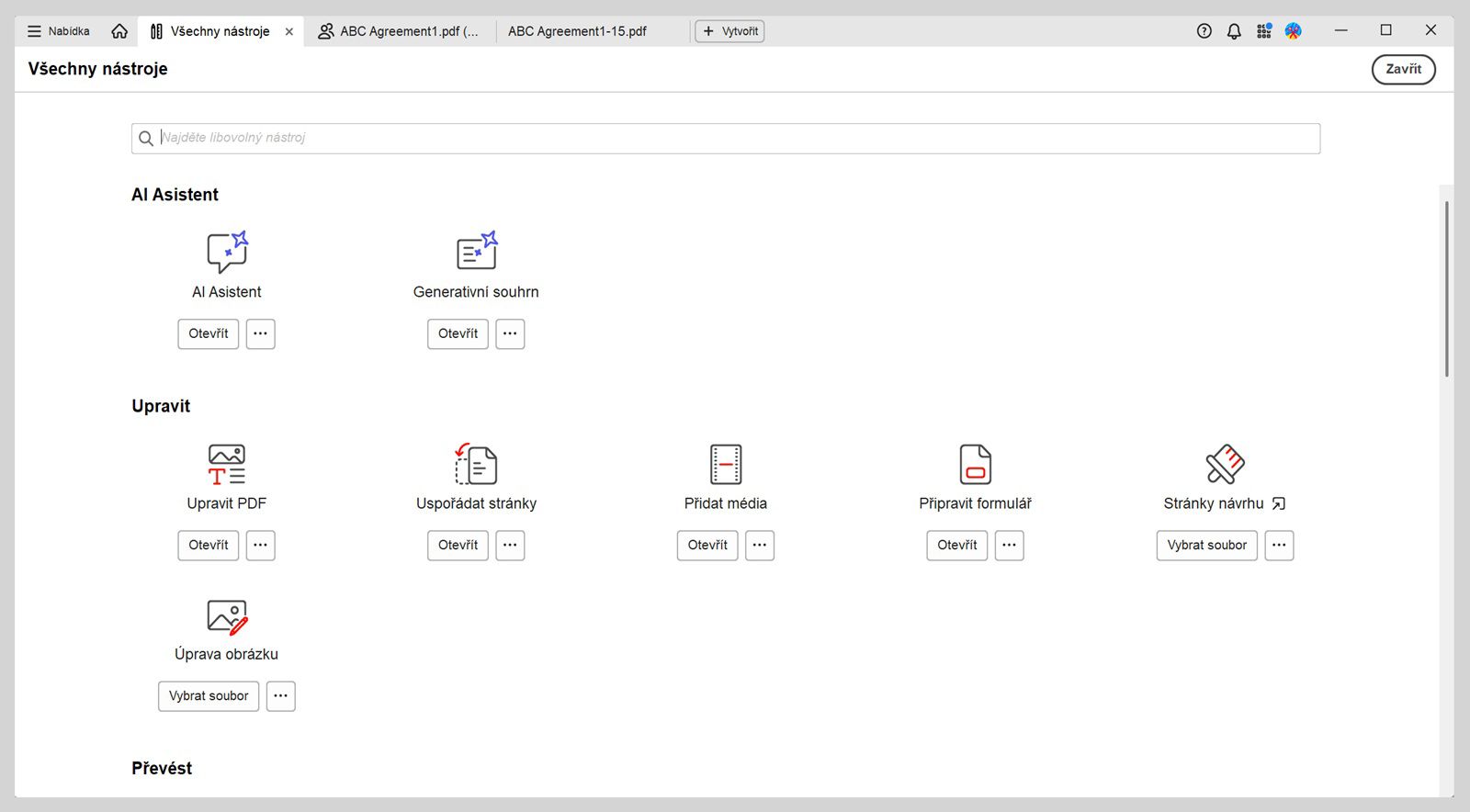 Zobrazení Všechny nástroje má dvě sekce - AI Asistent a Úpravy.Sekce AI Asistent zahrnuje nástroje AI Asistent a generativní souhrn.Sekce Úpravy zobrazuje nástroje Upravit PDF, Uspořádání stránek, Přidat multimediální obsah a Připravit formulář.