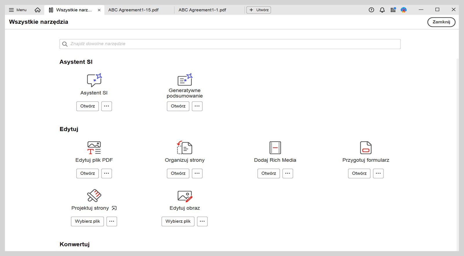 Widok Wszystkie narzędzia ma dwie sekcje: Asystent SI i Edycja. Sekcja Asystent SI zawiera narzędzia Asystent SI i Podsumowanie generatywne. Sekcja Edycja pokazuje narzędzia Edytuj plik PDF, Organizuj strony, Dodaj Rich Media i Przygotuj formularz.