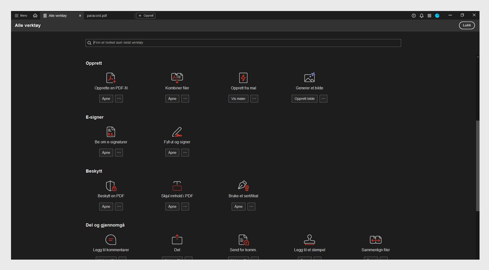 All Tools-visningen har to seksjoner – KI-assistent og Rediger. KI-assistent-seksjonen inkluderer verktøyene KI-assistent og Generativt sammendrag. Rediger-seksjonen viser verktøyene Rediger en PDF, Organiser sider, Legg til rik media og Forbered et skjema.