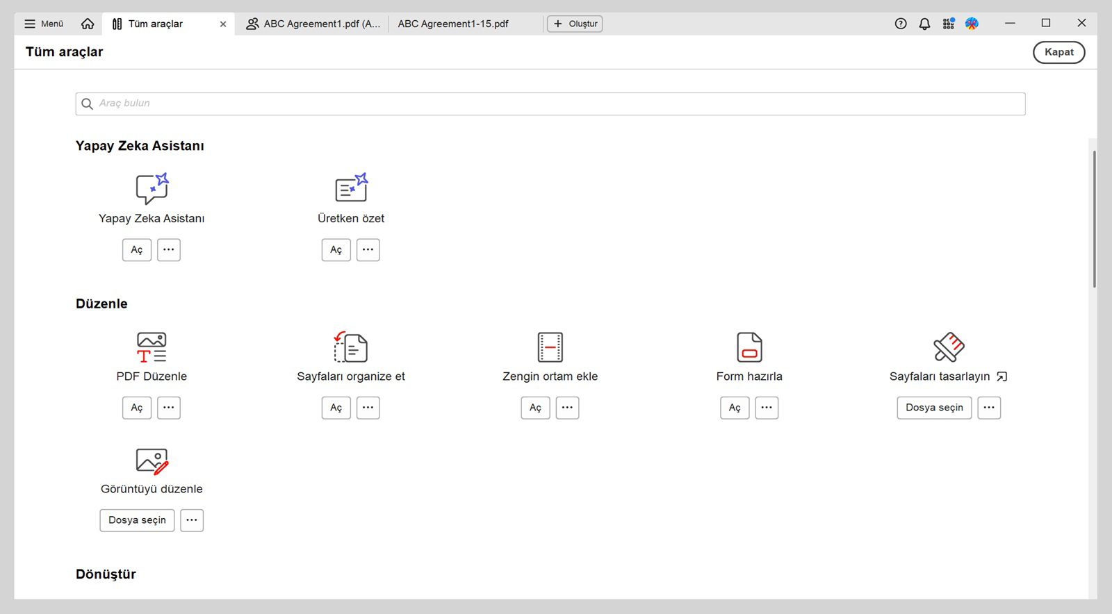 Tüm Araçlar görünümünün iki bölümü vardır: Yapay Zeka Asistanı ve Düzenle.Yapay Zeka Asistanı bölümü, Yapay Zeka Asistanı ve üretken özet araçlarını içerir.Düzenle bölümünde, PDF Düzenle, Sayfaları Organize Et, Zengin Ortam Ekle ve Form Hazırla araçları gösterilir.