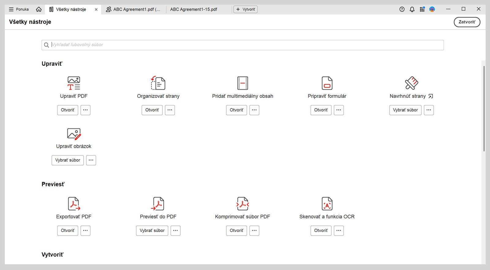 Zobrazenie Všetky nástroje má dve sekcie - AI Assistant a Upraviť.Sekcia AI Assistant zahŕňa nástroje AI Assistant a generatívne zhrnutie.Sekcia Upraviť zobrazuje nástroje Upraviť PDF, Usporiadanie strán, Pridať bohaté médiá a Pripraviť formulár.