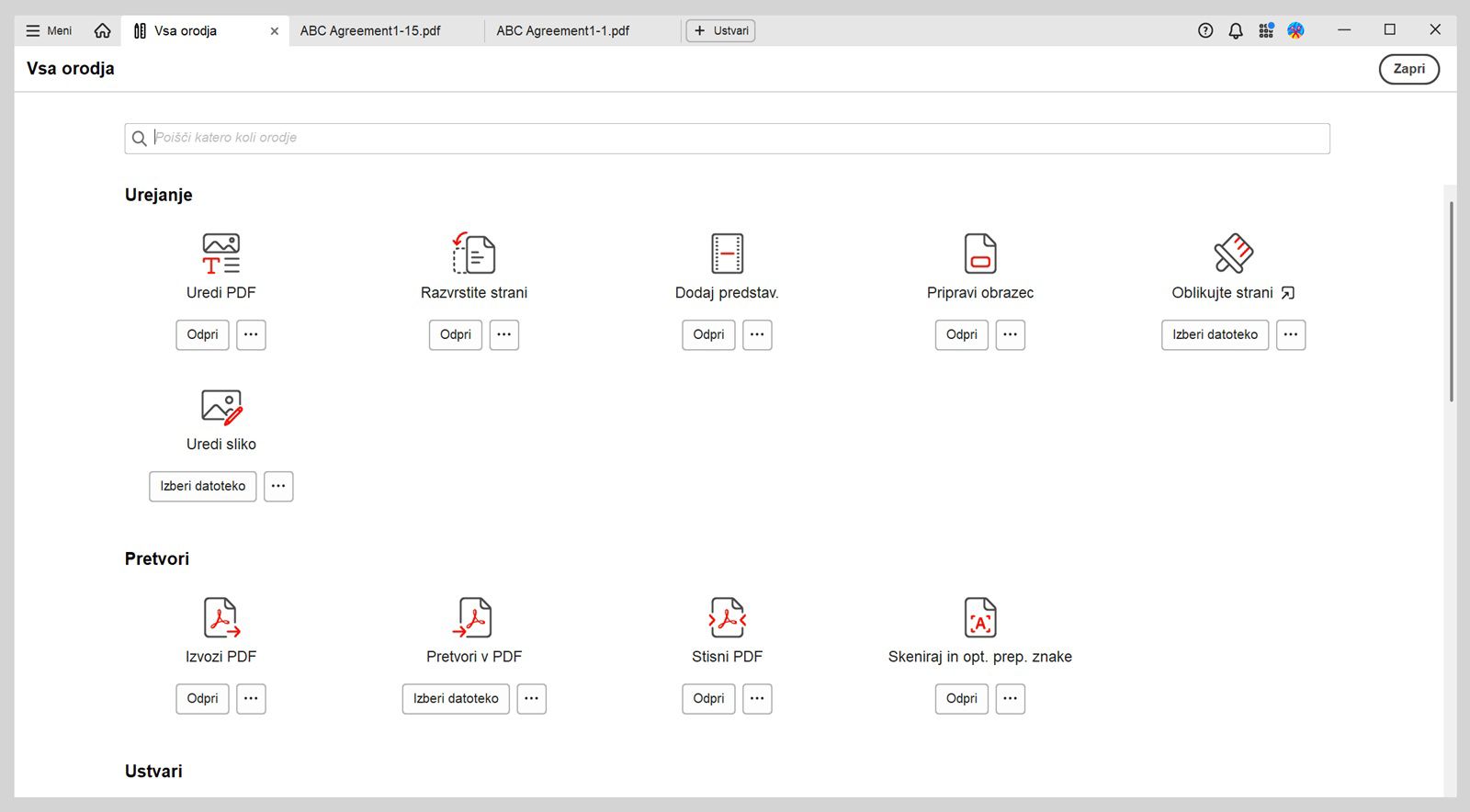 Pogled Vsa orodja ima dva razdelka – Pomočnik UI in Urejanje. Razdelek Pomočnik UI vključuje orodja Pomočnik UI in Generativni povzetek. Razdelek Urejanje prikazuje orodja Urejanje PDF-ja, Razvrščanje strani, Dodajanje bogatih medijev in Priprava obrazca.