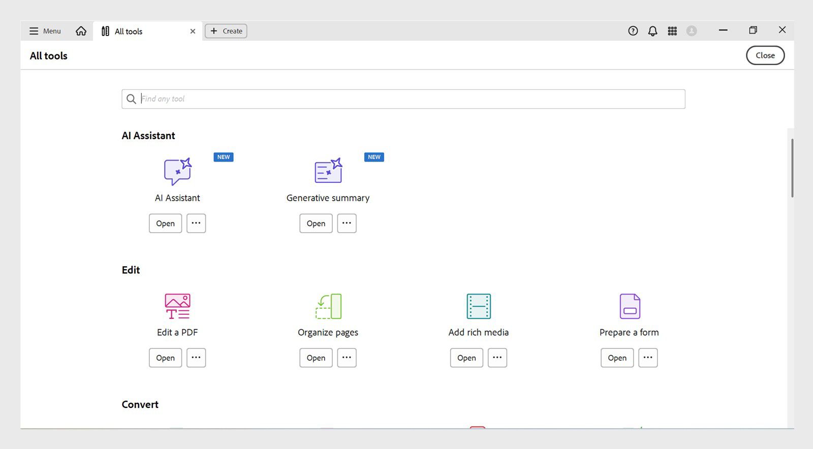 Ang All Tools view ay may dalawang seksyon - AI Assistant at Edit. Kasama sa seksyon ng AI Assistant ang mga tool na AI Assistant at Generative Summary. Ipinapakita ng seksyon ng Edit ang mga tool na Edit a PDF,Organize Pages, Add Rich Media, at Prepare a Form.