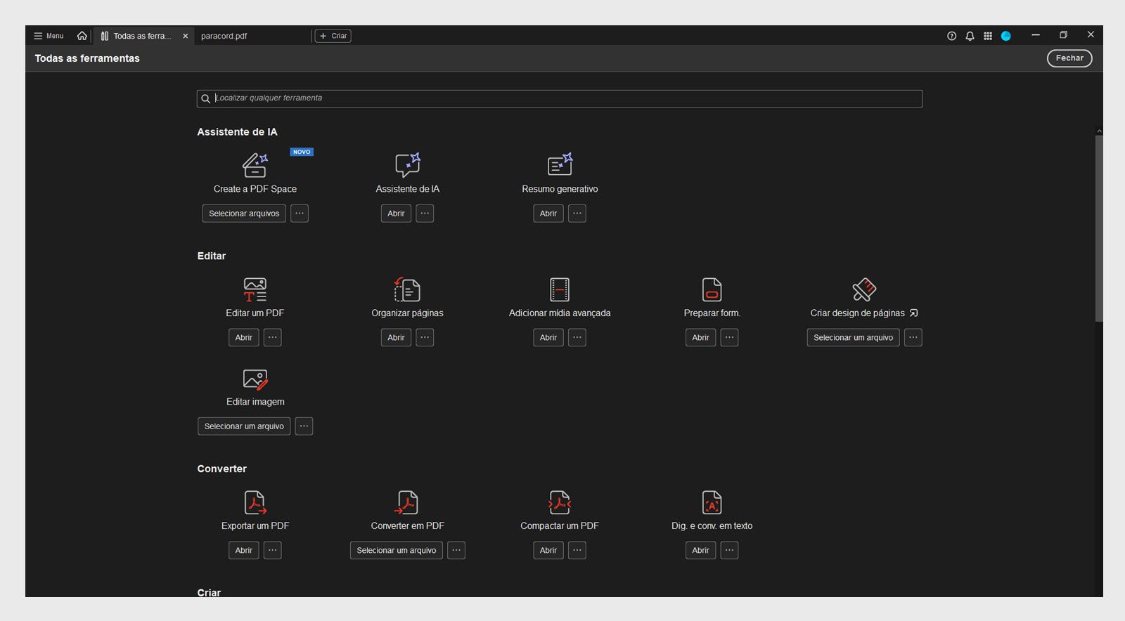 A visualização Todas as Ferramentas tem duas seções: Assistente de IA e Editar. A seção Assistente de IA inclui as ferramentas Assistente de IA e Resumo generativo. A seção Editar mostra as ferramentas Editar um pdf, Organizar páginas, Adicionar mídia avançada e Preparar um formulário.