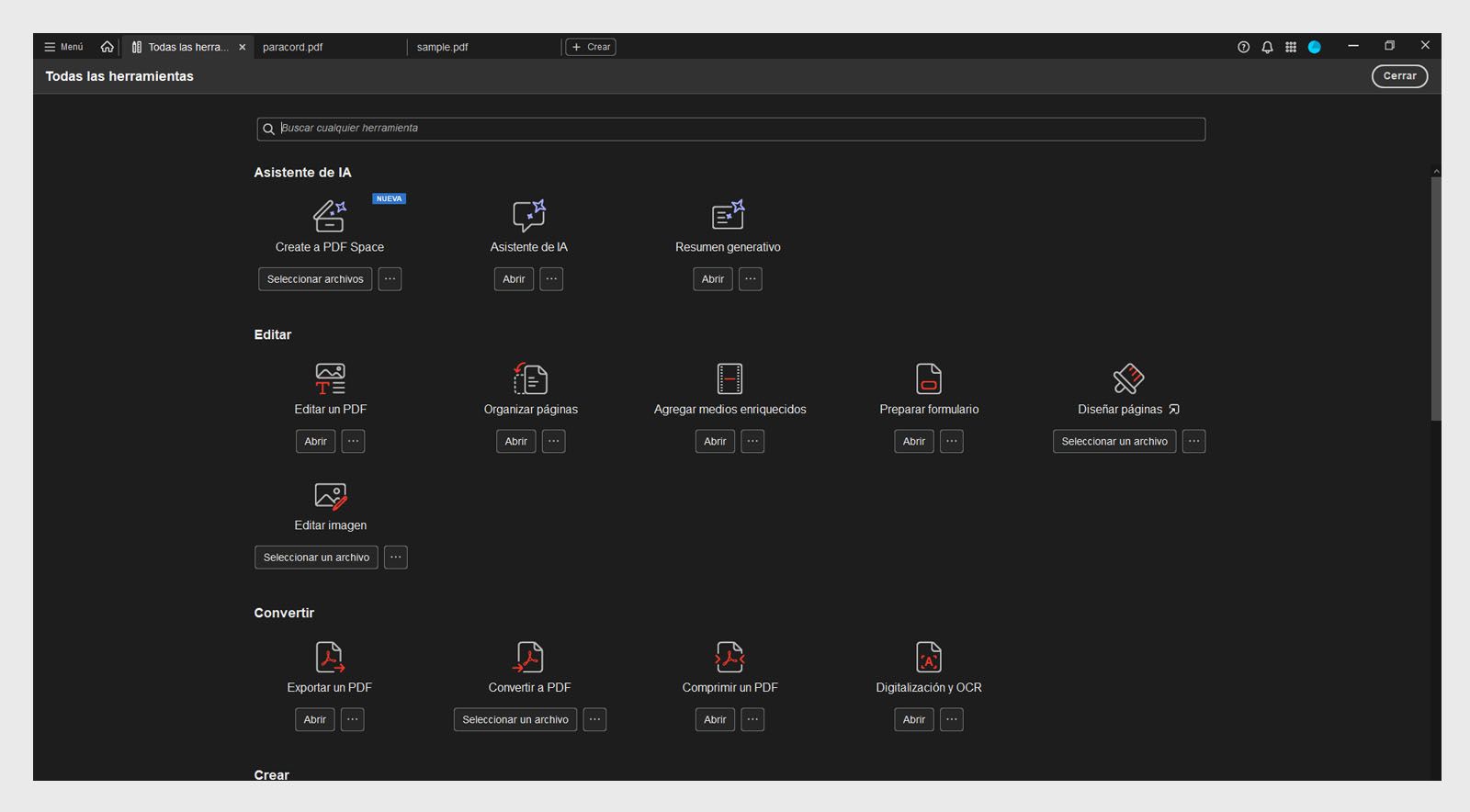 La vista Todas las herramientas tiene dos secciones: Asistente de IA y Editar. La sección Asistente de IA incluye las herramientas Asistente de IA y Resumen generativo. La sección Editar muestra las herramientas Editar un PDF, Organizar páginas, Añadir medios enriquecidos y Preparar un formulario.