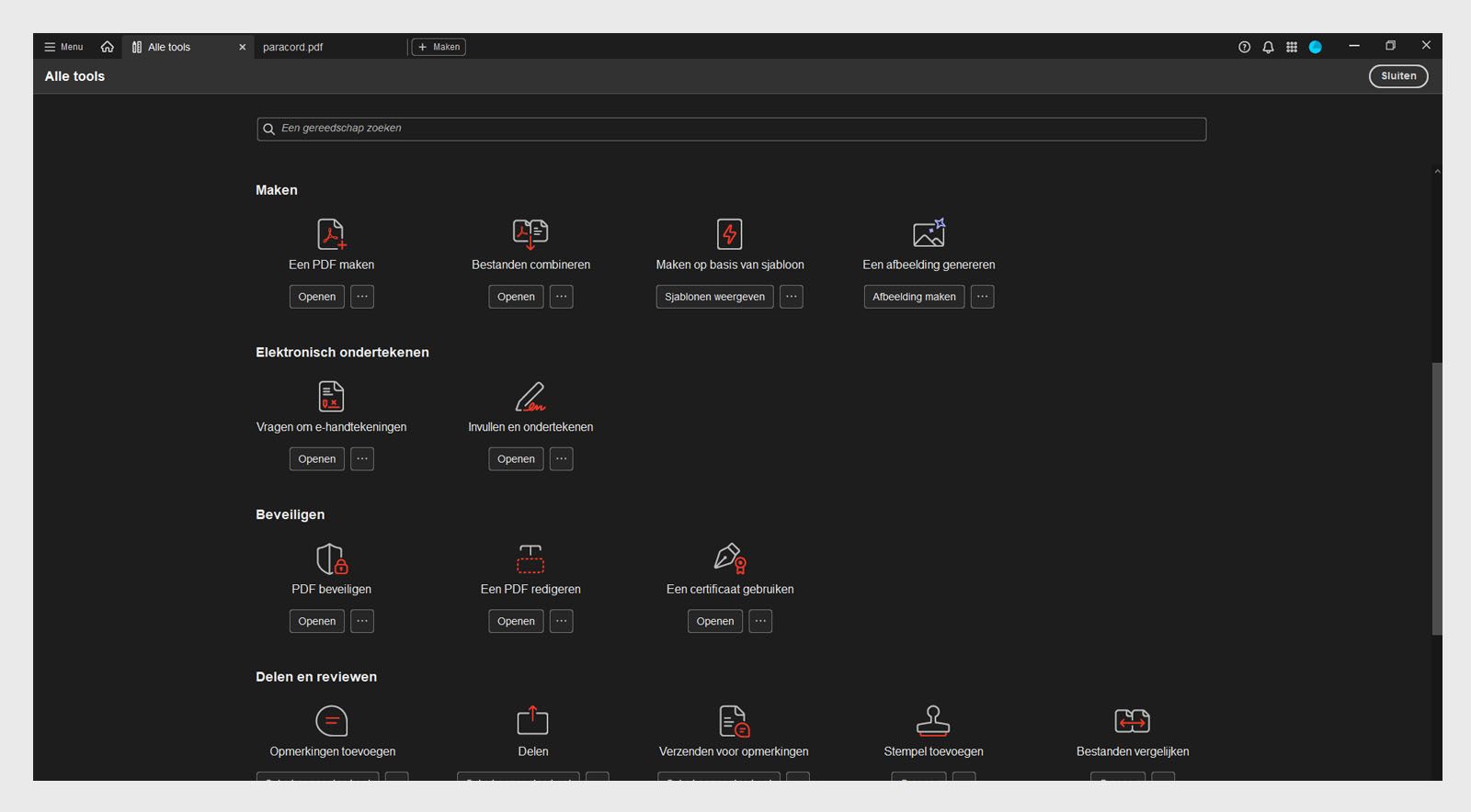 De weergave Alle tools heeft twee secties: AI-assistent en Bewerken De sectie AI-assistent bevat de tools AI-assistent en Generatieve samenvatting. In de sectie Bewerken vindt u de tools Een PDF bewerken, Pagina's indelen, Rich media toevoegen en Een formulier voorbereiden.