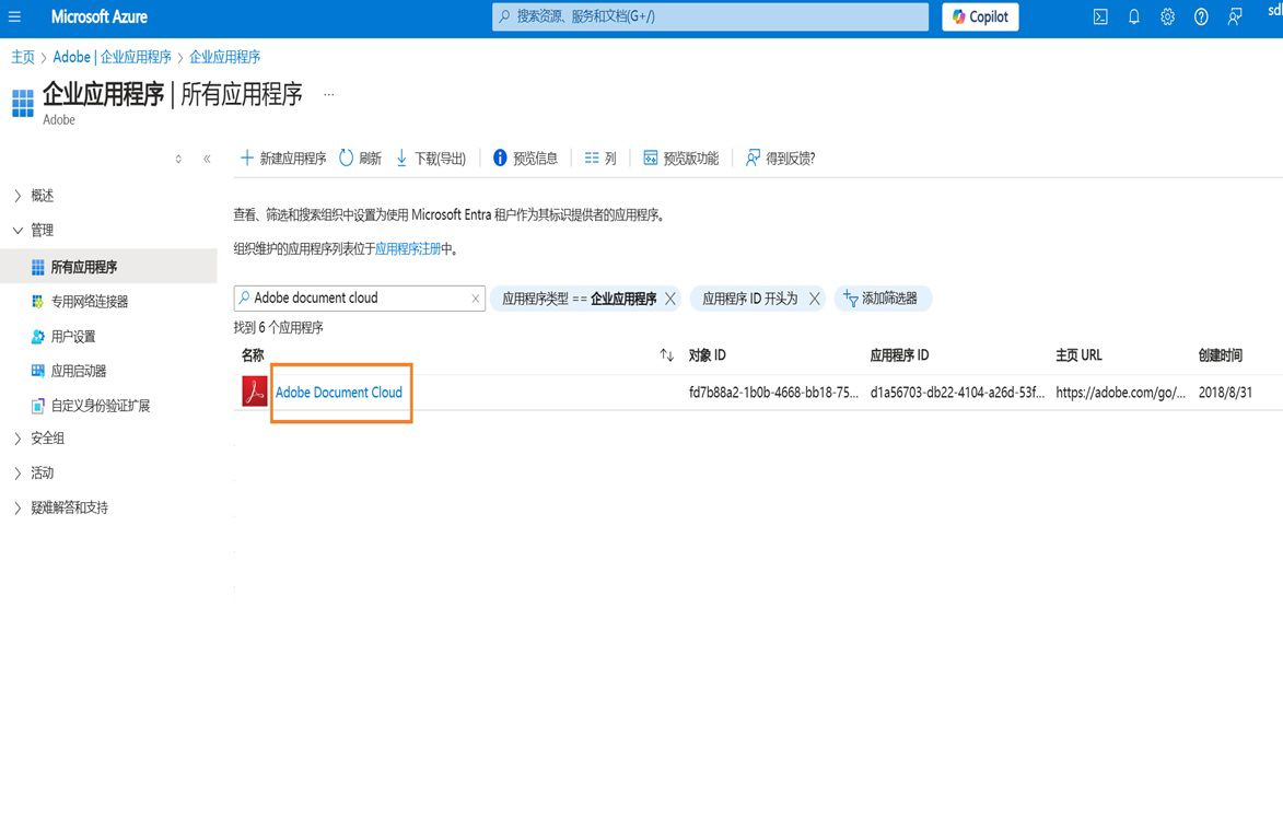 企业控制面板的“所有应用程序”页面显示了按搜索名称筛选的应用程序。突出显示了 Adobe Document Cloud 列表。 