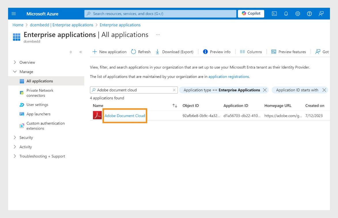 Stránka Všetky aplikácie na paneli Enterprise zobrazuje aplikácie filtrované podľa názvu vyhľadávania. Zvýraznený je zoznam Adobe Document Cloud. 