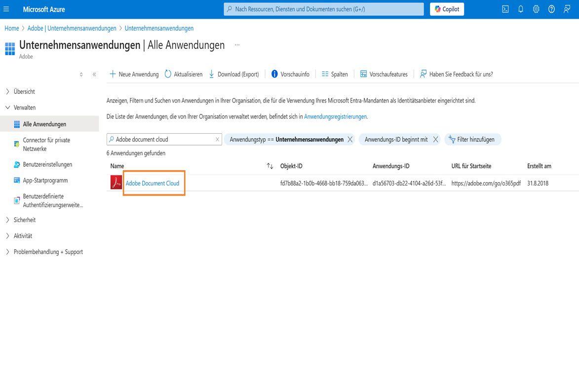 Auf der Seite „Alle Anwendungen“ des Enterprise-Dashboards werden Anwendungen nach dem gesuchten Namen gefiltert angezeigt. Der Eintrag „Adobe Document Cloud“ ist hervorgehoben. 
