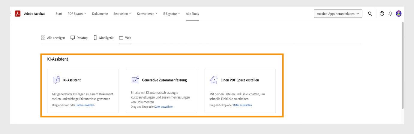 Das Menü „Alle Werkzeuge&quot; in Acrobat Web zeigt folgende KI-Assistent-Werkzeuge an: „KI-Assistent“, „Generative Zusammenfassung“ und „Ziele setzen und erreichen“.