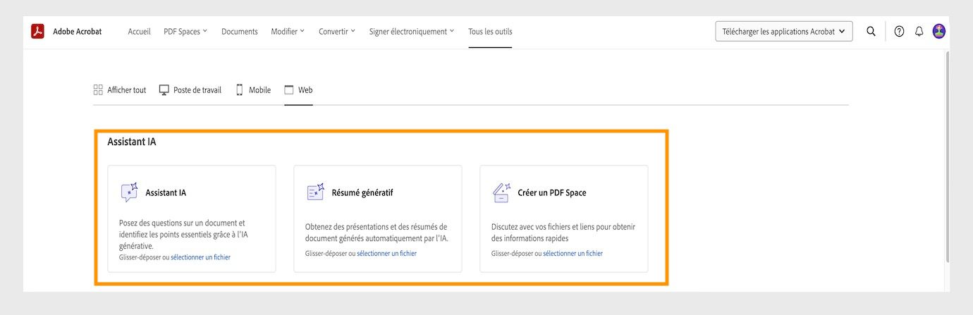 Le menu Tous les outils dans Acrobat Web présente les outils suivants sous la section Assistant IA : Assistant IA, Résumé génératif et Définir et atteindre des objectifs.