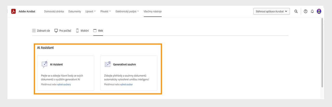 Nabídka Všechny nástroje v aplikaci Acrobat na webu zobrazuje následující nástroje AI Asistent: AI Asistent, Generativní souhrn a Stanovení a dosažení cílů.