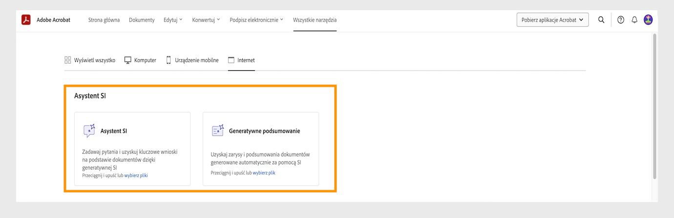 Menu Wszystkie narzędzia w programie Acrobat w Internecie wyświetla następujące narzędzia Asystenta SI: Asystent SI, Podsumowanie generatywne oraz Wyznaczaj i osiągaj cele.