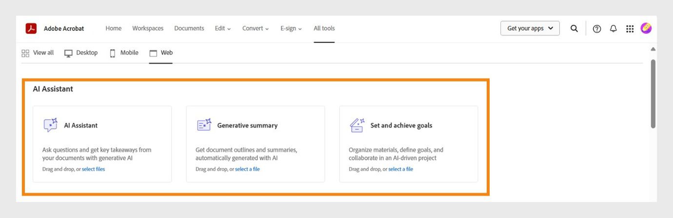 Ipinapakita ng menu ng Lahat ng tool sa Acrobat web ang mga sumusunod na tool ng AI Assistant: AI Assistant, Generative na buod, at Set and achieve goals.