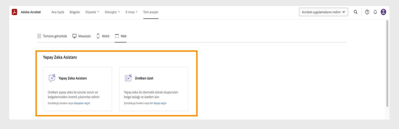 Acrobat web'deki Tüm araçlar menüsü şu Yapay Zeka Asistanı araçlarını gösterir: Yapay Zeka Asistanı, Üretken özet ve Hedef belirle ve gerçekleştir.