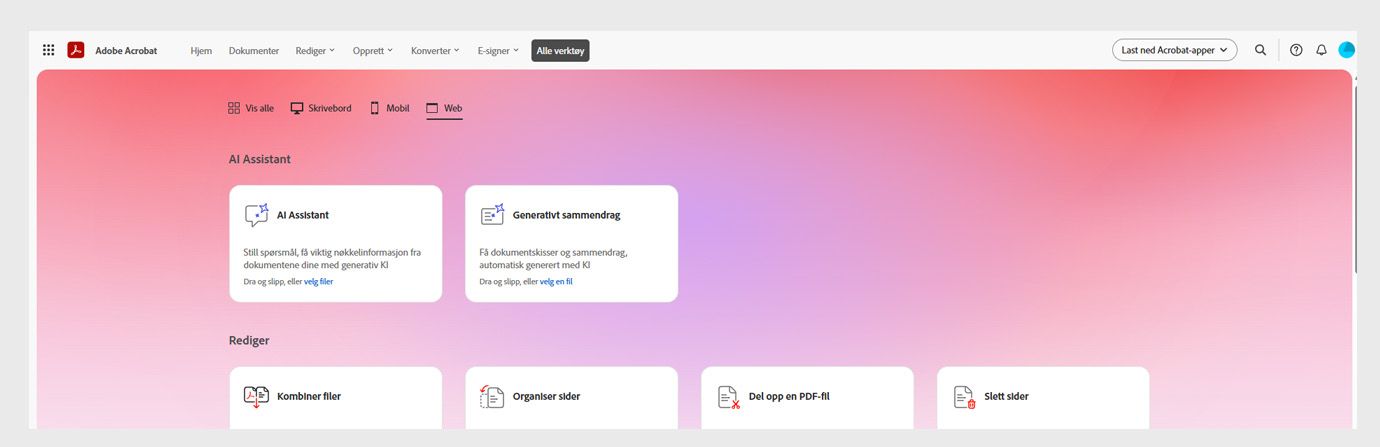 Menyen «Alle verktøy» i Acrobat web viser følgende KI-assistent-verktøy: «KI-assistent», «Generativt sammendrag» og «Angi og oppnå mål».